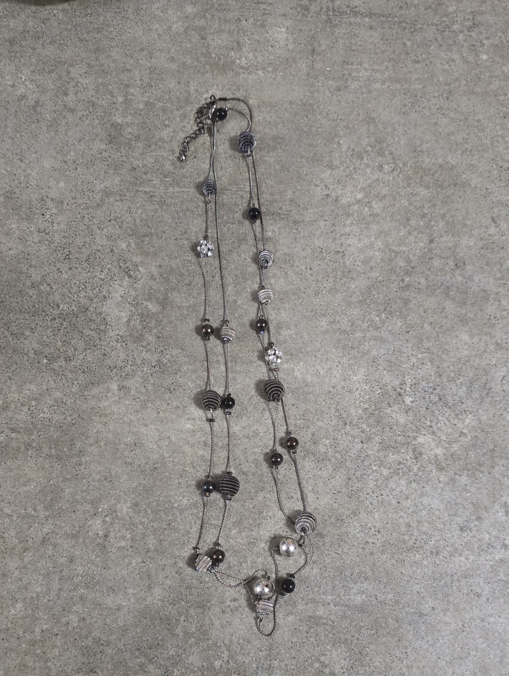 Long Layered Bead Necklace in Black and Silver 24.5"